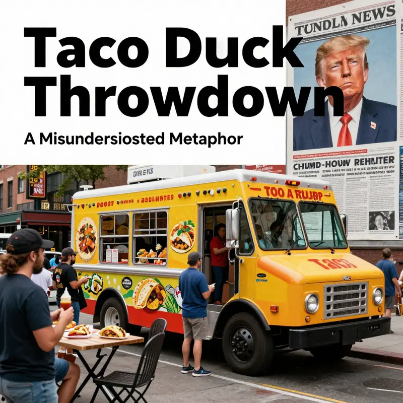 A vibrant urban scene showcasing the cultural climax of taco trucks amidst political discourse.
