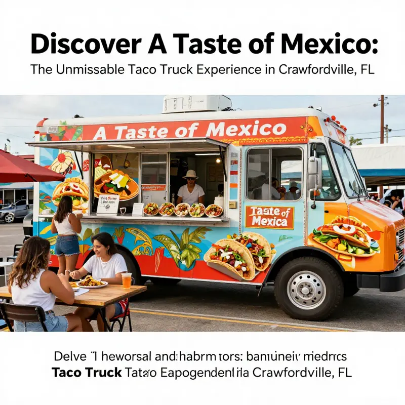 A vibrant and colorful taco truck, showcasing its offerings and the excitement of customers enjoying their meals.