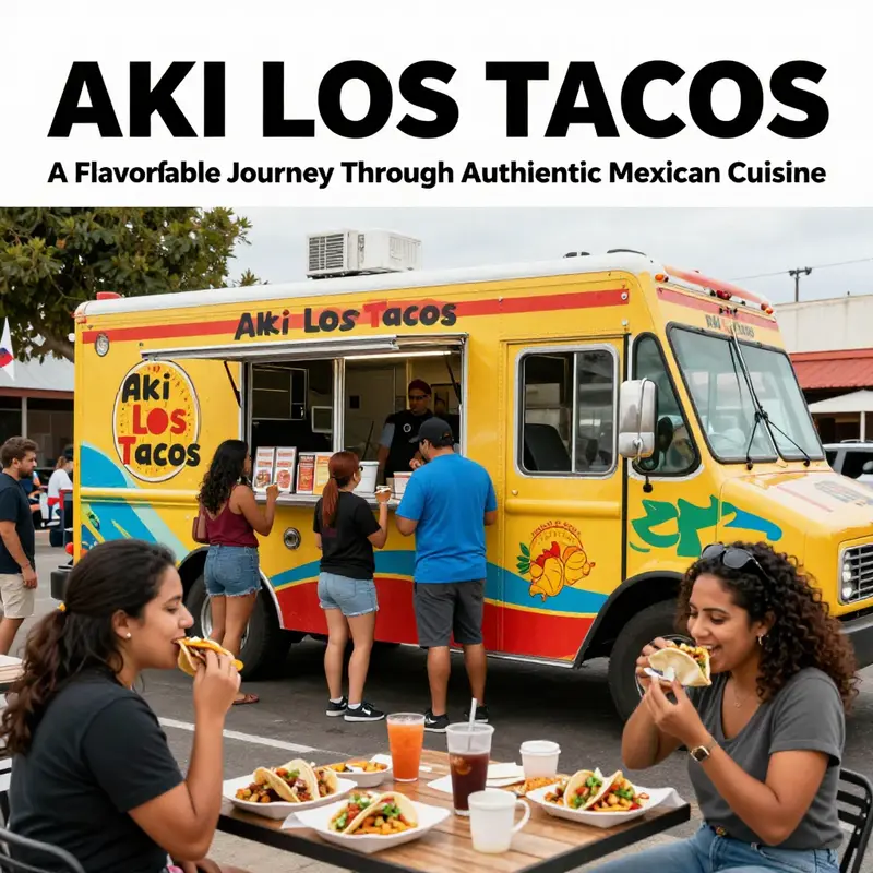 Aki Los Tacos food truck in a bustling outdoor setting filled with happy customers enjoying authentic Mexican food.