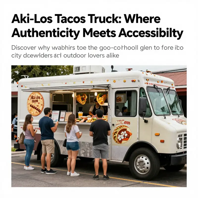 A lively scene of Aki-Los Tacos Truck serving street food to delighted customers.