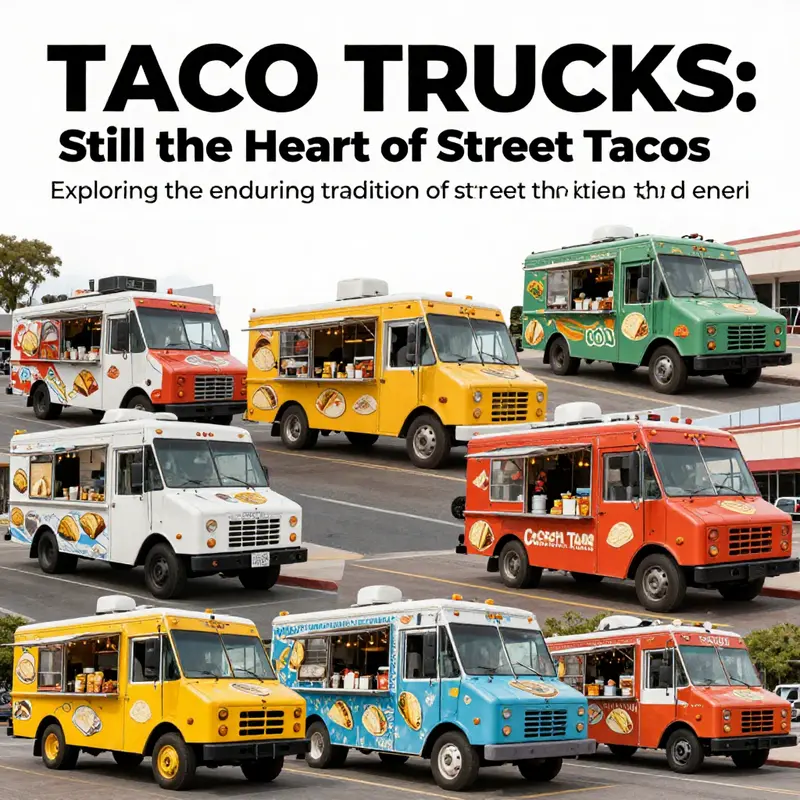 A visually rich collage of various taco trucks representing the diversity and vibrancy of street tacos.