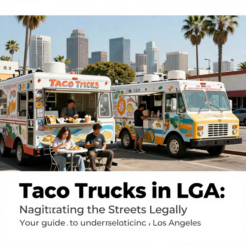 Multiple taco trucks in a lively street scene of Los Angeles filled with happy customers.