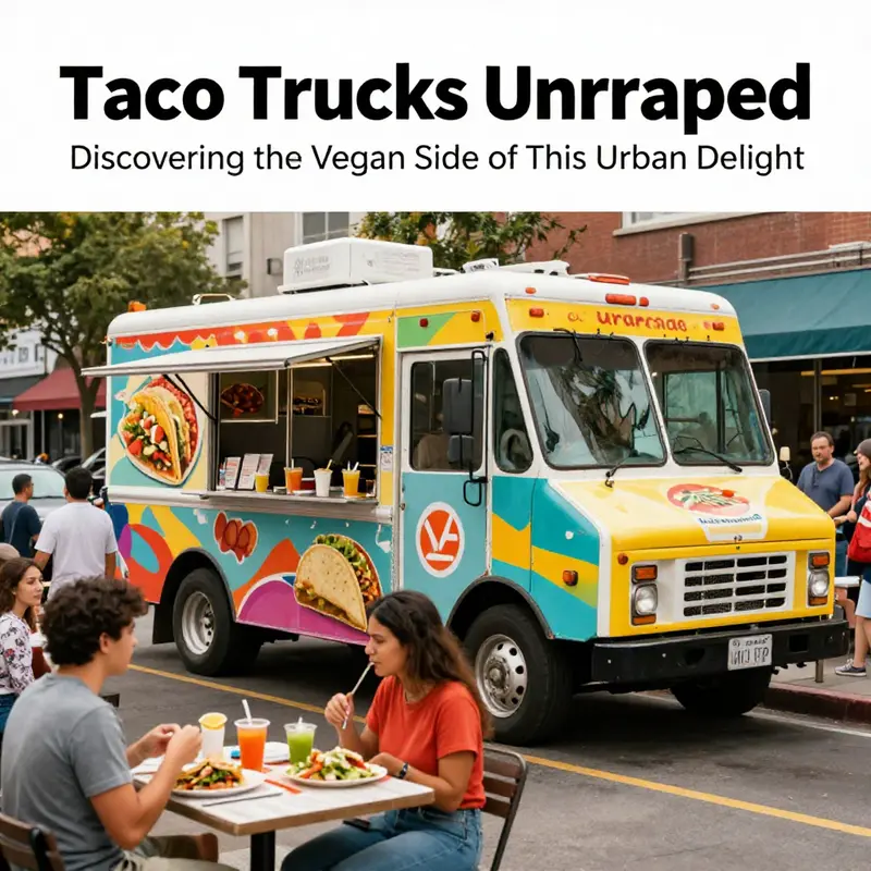 A bustling taco truck in a city, with diverse people enjoying their tacos, representing urban street food culture.