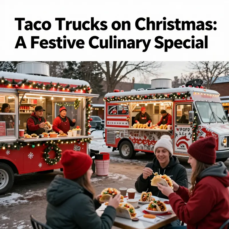 A scenic display of taco trucks bustling with activity during the Christmas holiday, radiating joy and festivity.