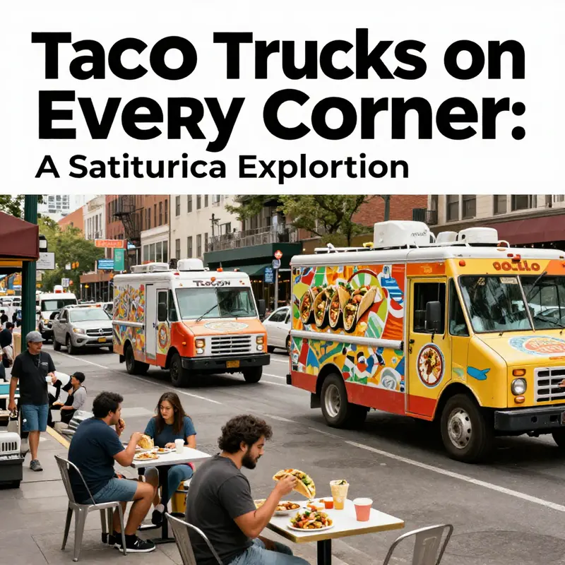 A colorful city street filled with taco trucks and diverse people enjoying food, representing community spirit.