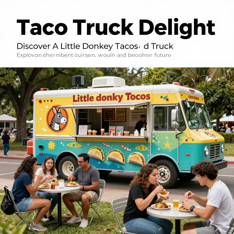 Customers enjoying tacos from a little donkey food truck in a lively outdoor setting.