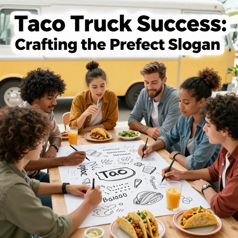 A vibrant brainstorming session for catchy taco truck slogans, showcasing creativity and collaboration.
