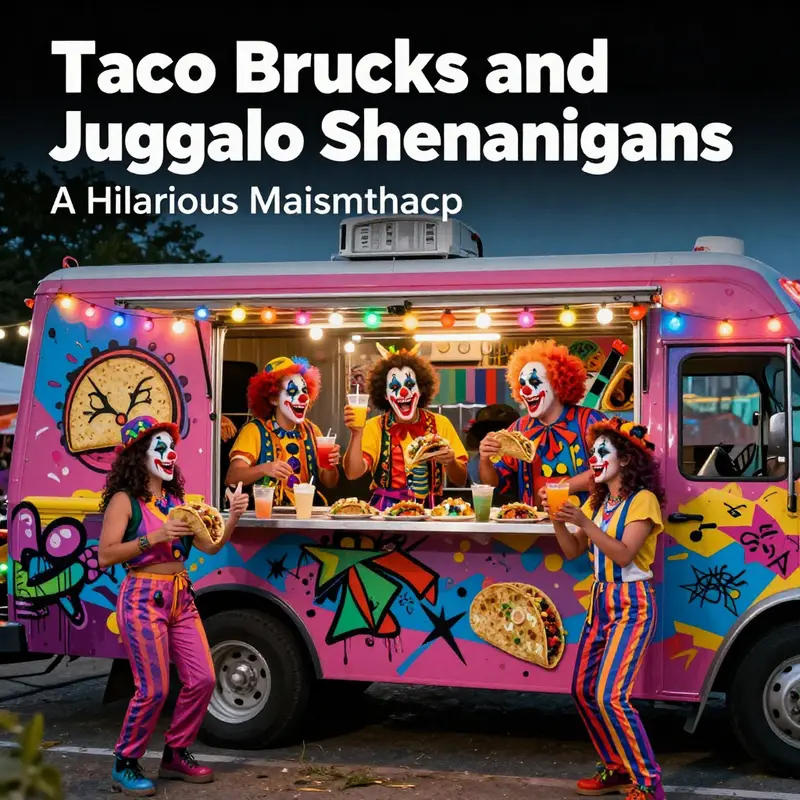 Juggalos gather around a festive taco truck, embodying the spirit of community and celebration.