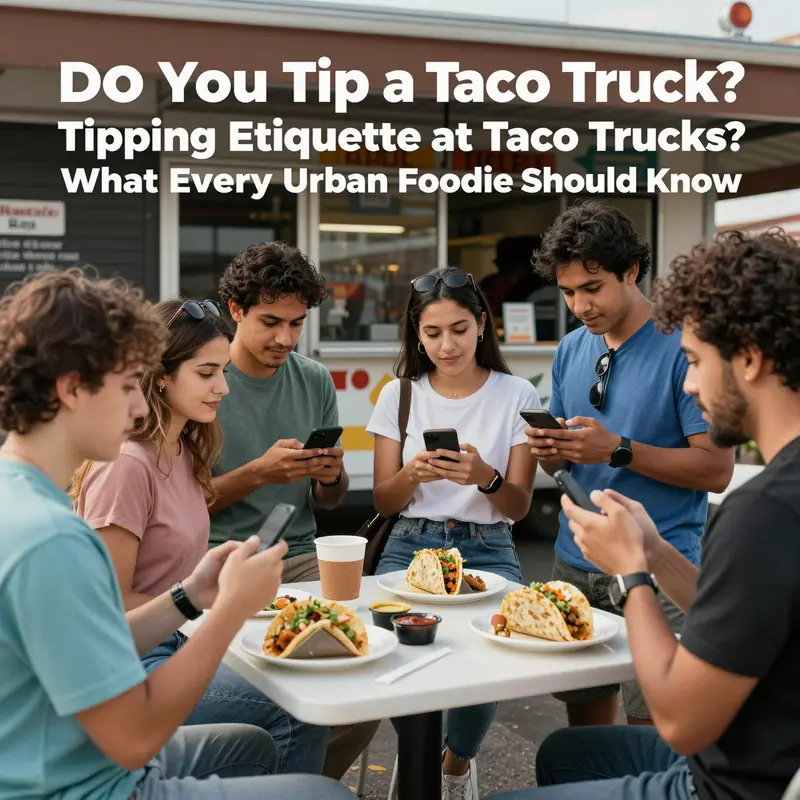 A busy taco truck scene showcasing the growing tipping culture among food truck vendors.