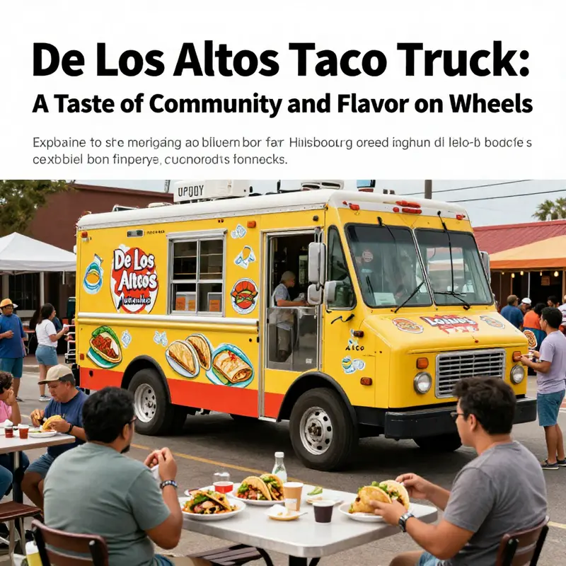 De Los Altos Taco Truck surrounded by customers, showcasing the lively atmosphere and delicious food.