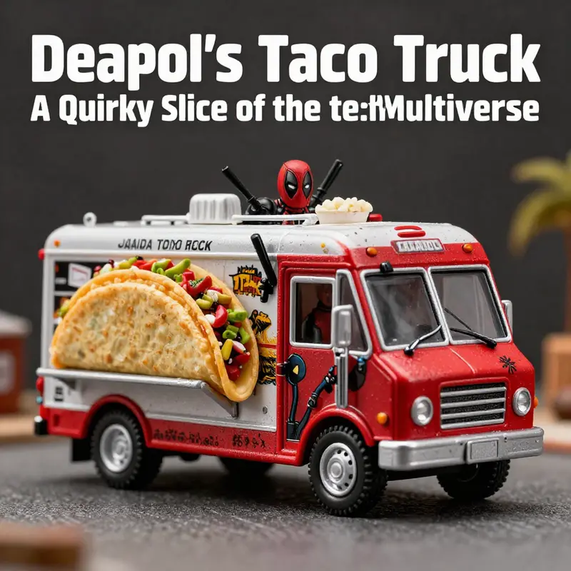 Deadpool proudly showcases his taco truck, inviting fans to experience his chaotic charm.