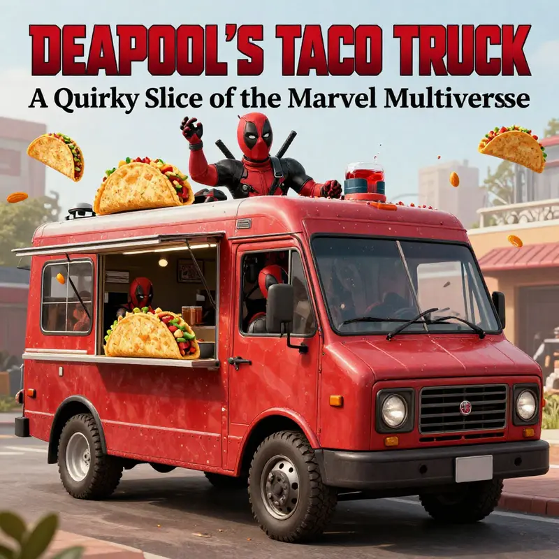 A vibrant cartoon-style cover image of Deadpool's taco truck, surrounded by playful and chaotic scenes of tacos and action.