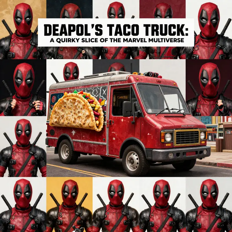 Deadpool proudly showcases his taco truck, inviting fans to experience his chaotic charm.