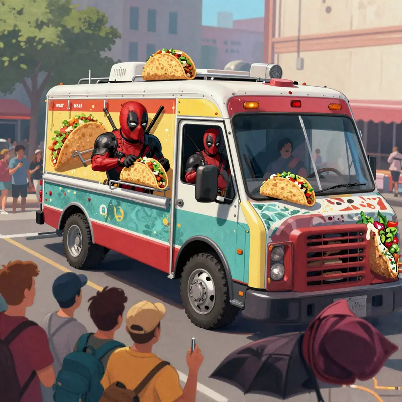 Deadpool proudly showcases his taco truck, inviting fans to experience his chaotic charm.