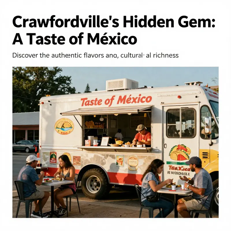A panoramic view of A Taste of Mexico Taco Truck surrounded by customers enjoying flavorful tacos in the scenic area of Crawfordville.