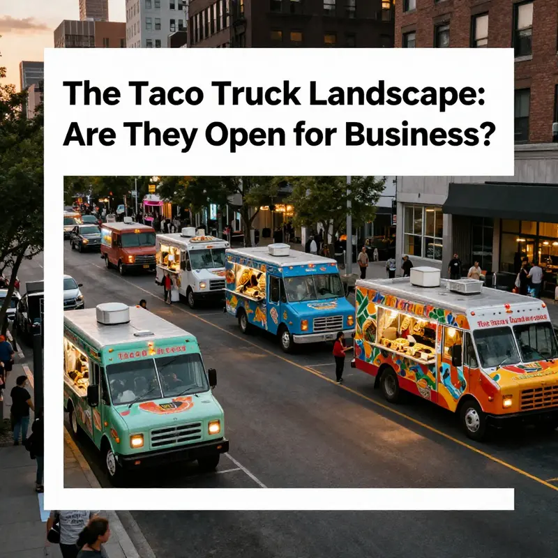 Multiple taco trucks parked along a lively city street during a sunset, with customers enjoying food.