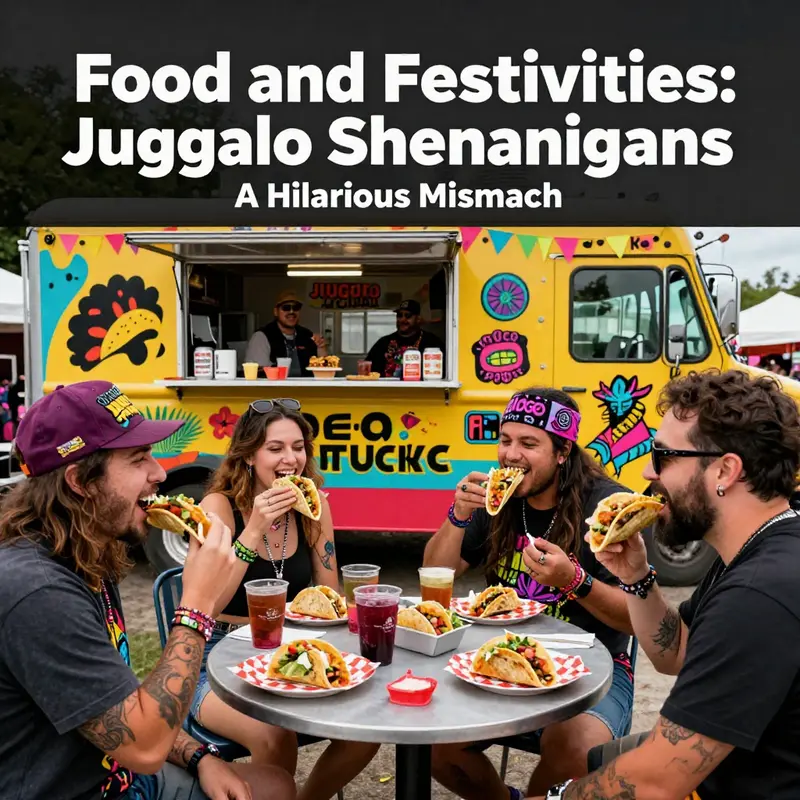 Juggalos gather around a festive taco truck, embodying the spirit of community and celebration.