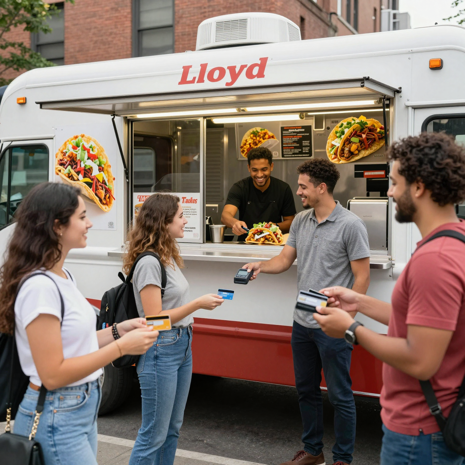 Urban Commuters Enjoying Payment at Lloyd Taco Truck
