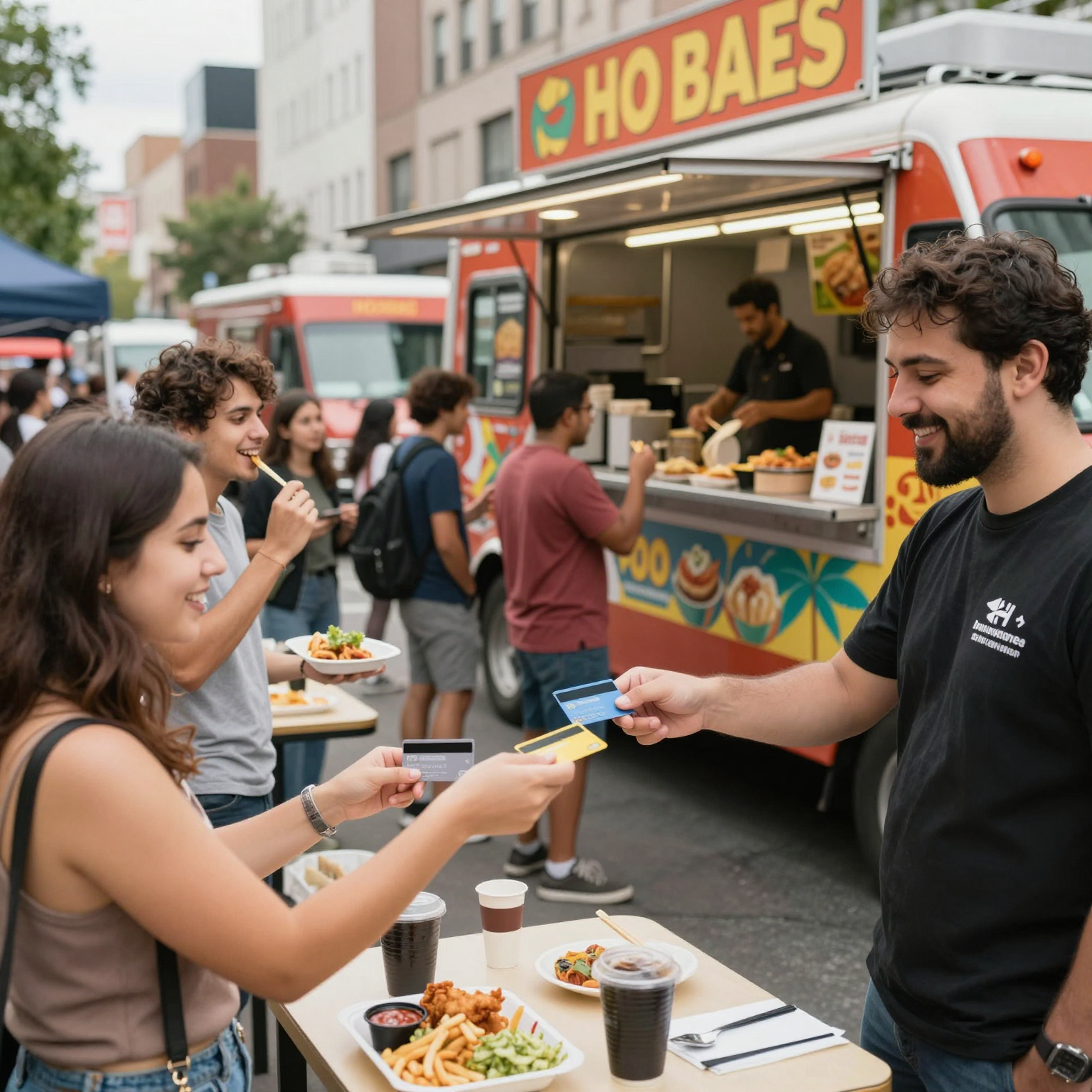 A bustling food truck scene in an urban setting with customers enjoying food and using credit cards.