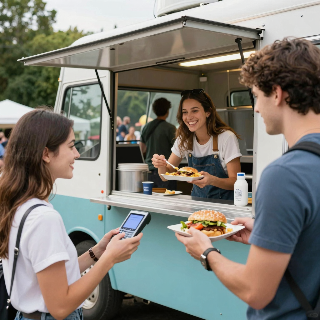 Food truck payment options with happy customers