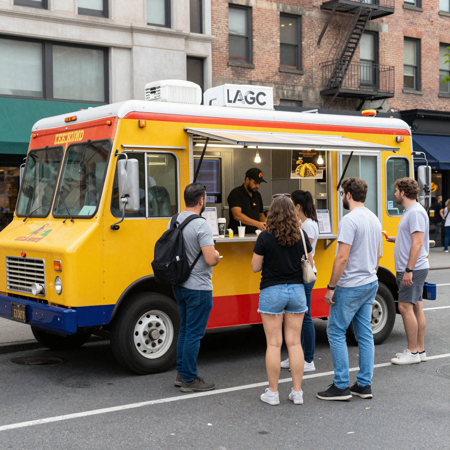A vibrant food truck scene in an urban environment, showcasing a busy city street with a colorful taco truck serving customers, emphasizing street life and diversity.