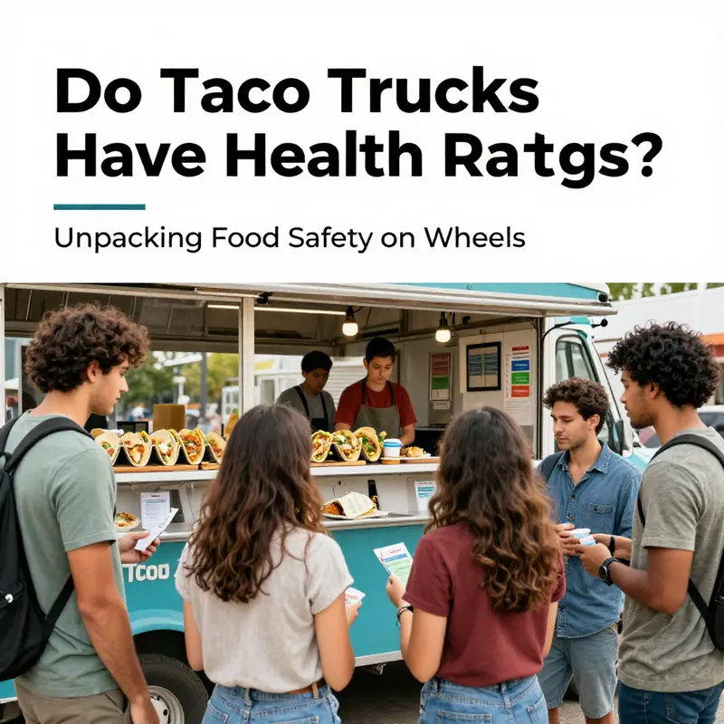 Patrons enjoying food from a taco truck with an inspector visible, highlighting health ratings.