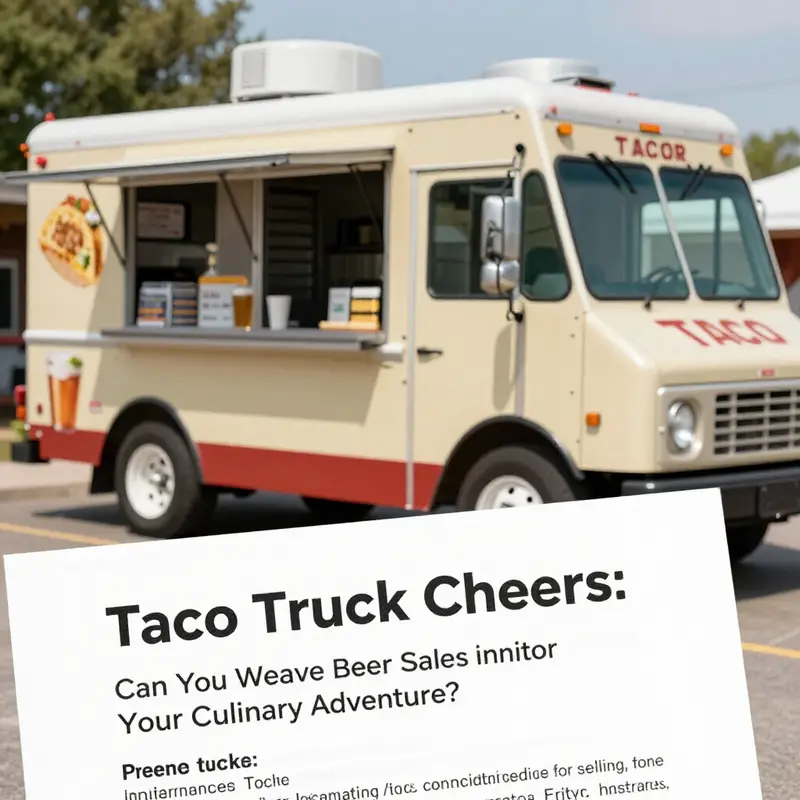Taco truck in an urban area offering beer and tacos, showcasing the necessary permits.