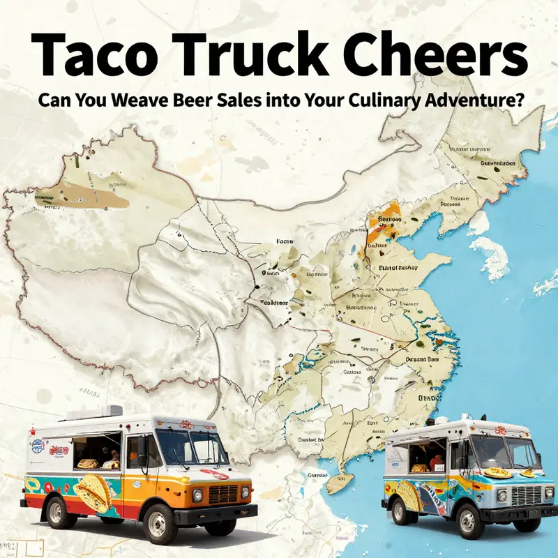 Taco truck in an urban area offering beer and tacos, showcasing the necessary permits.