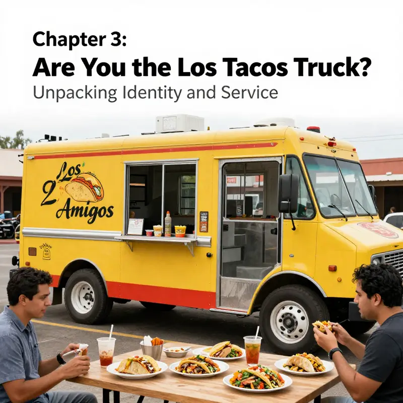 Identity confusion depicted through a person contemplating their connection to Los Amigos Tacos Truck.