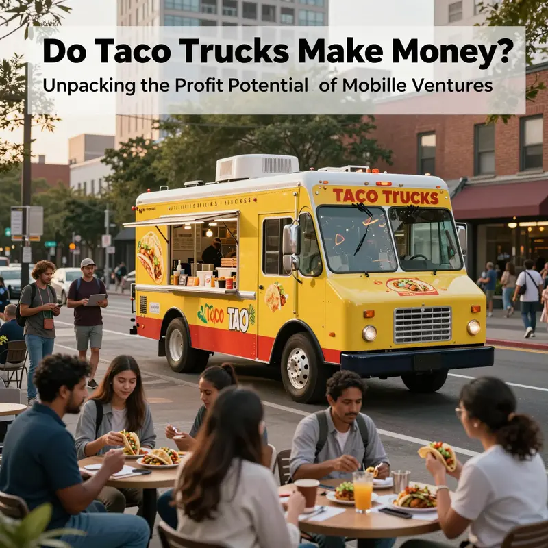 Photo-realistic image showing a busy taco truck on a city street at sunset with diverse customers enjoying tacos and lively urban vibes.