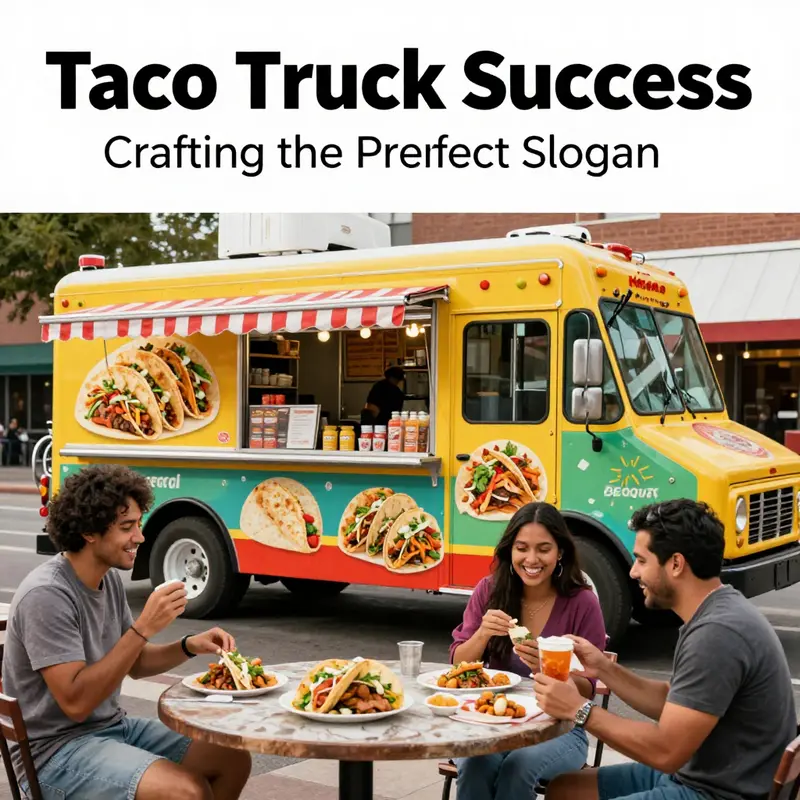 A colorful taco truck with happy customers enjoying tacos in an urban setting, displaying a catchy slogan.