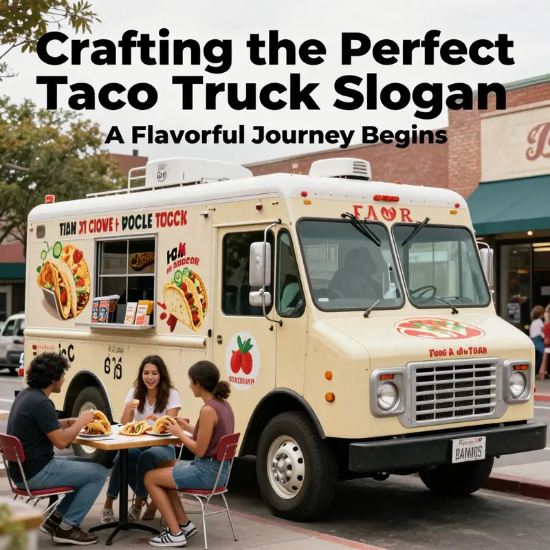 A lively taco truck in a busy urban area with customers savoring delicious tacos, highlighting its enticing slogan.