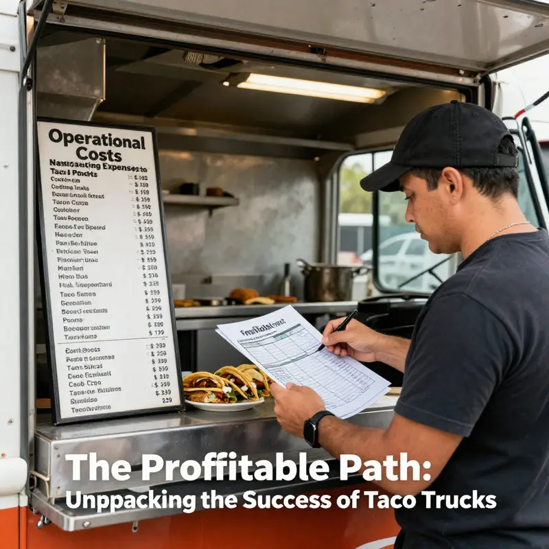 A thriving taco truck in an urban setting illustrates the profitability potential with happy customers.