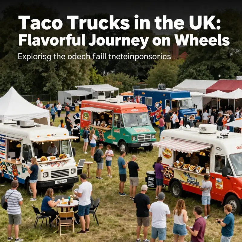 A bustling taco truck festival with various food trucks and large crowds enjoying tacos and festivities.