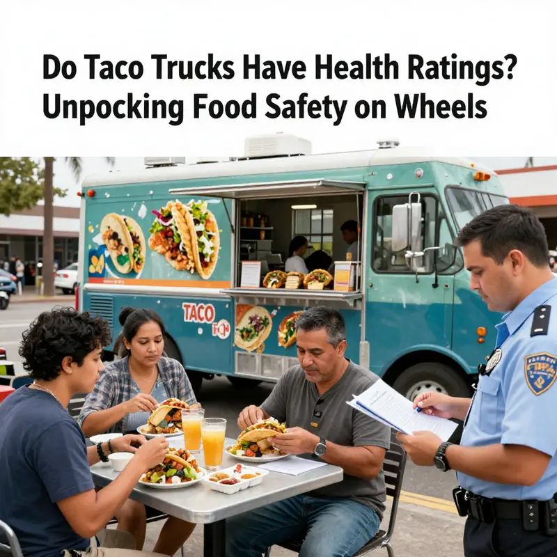 Patrons enjoying food from a taco truck with an inspector visible, highlighting health ratings.