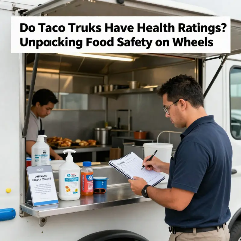 Patrons enjoying food from a taco truck with an inspector visible, highlighting health ratings.