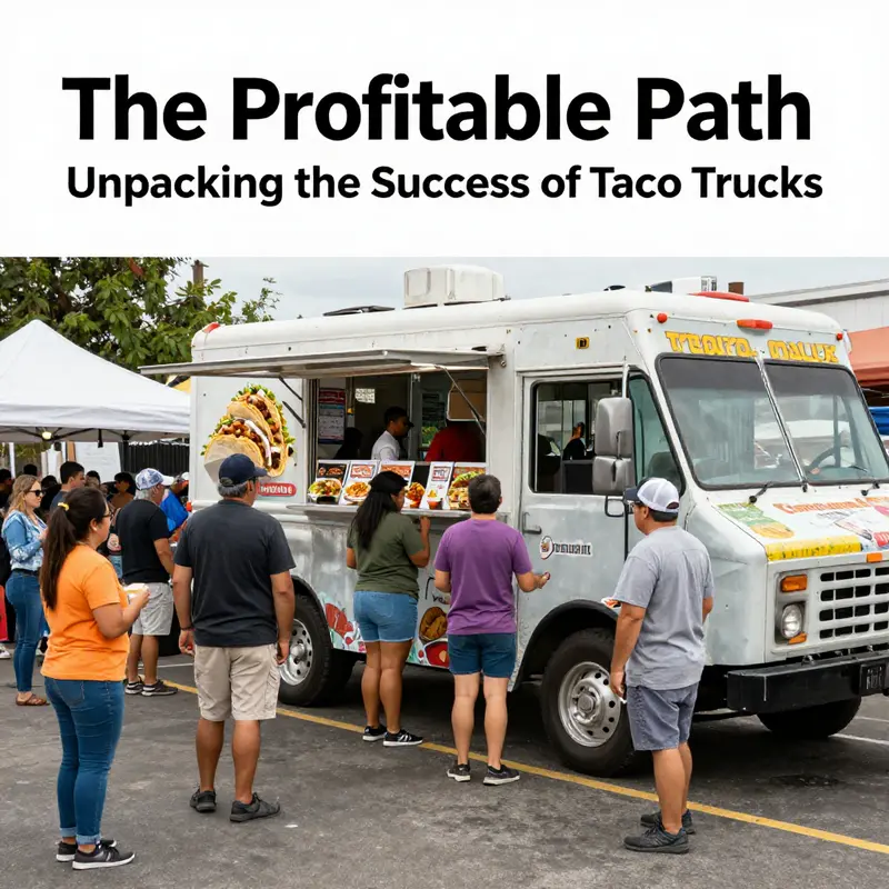A thriving taco truck in an urban setting illustrates the profitability potential with happy customers.