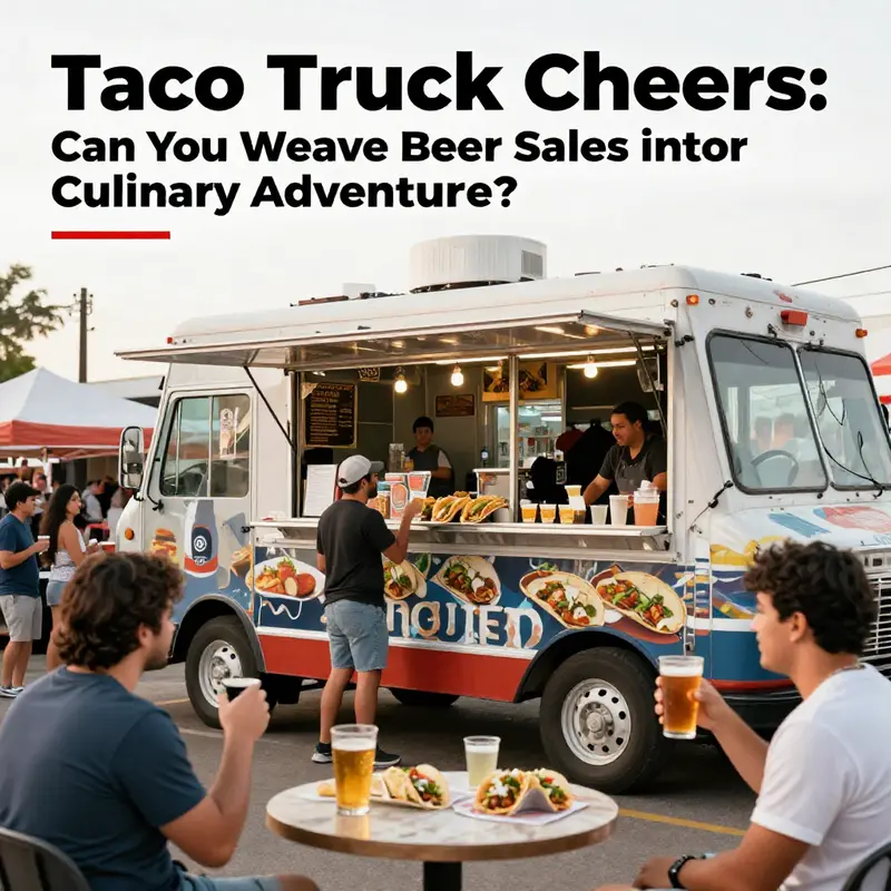A colorful taco truck in a busy market, filled with patrons enjoying tacos and beer.