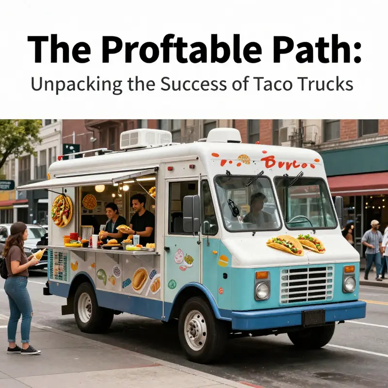 A thriving taco truck in an urban setting illustrates the profitability potential with happy customers.