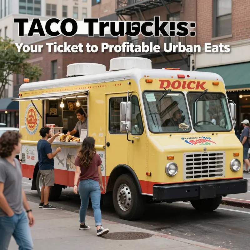 Colorful taco truck on a busy street with satisfied customers.