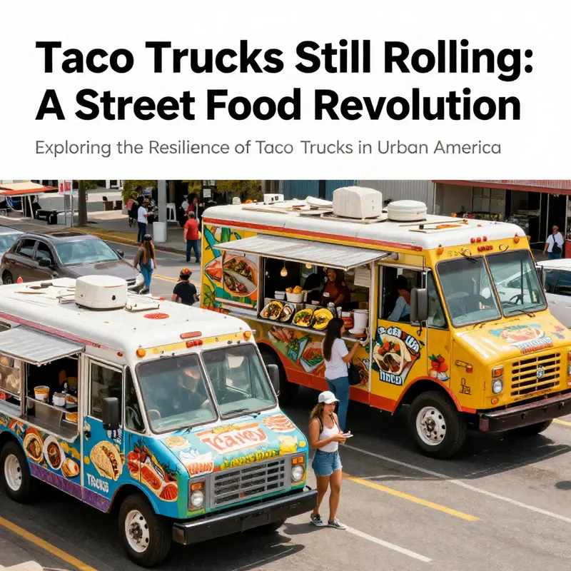 A colorful street lined with taco trucks, representing their role in urban life.