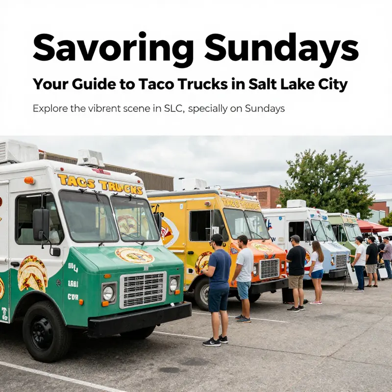 A lineup of taco trucks in Salt Lake City surrounded by happy customers at a bustling market.