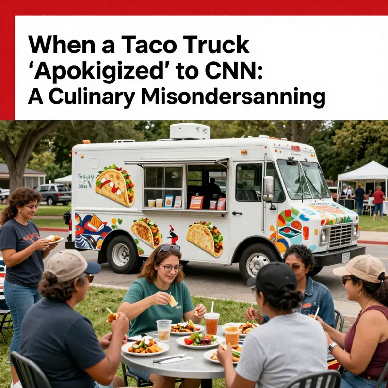 A humorous depiction of a taco truck’s supposed apology to CNN, capturing the lightheartedness of the misunderstanding.
