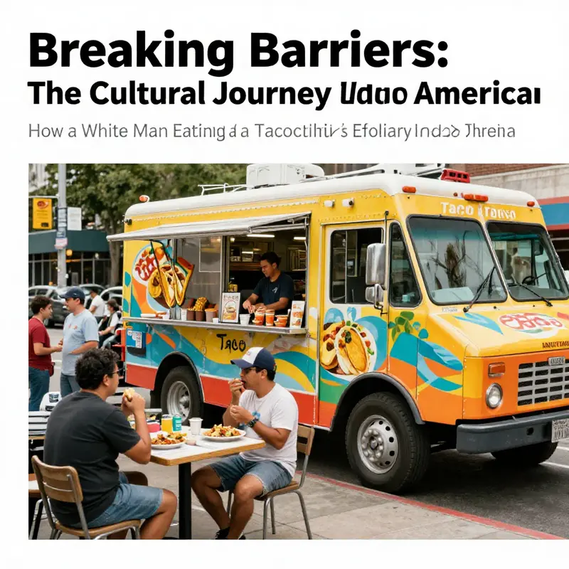 A colorful taco truck serving diverse customers in an urban environment, reflecting cultural integration through food.