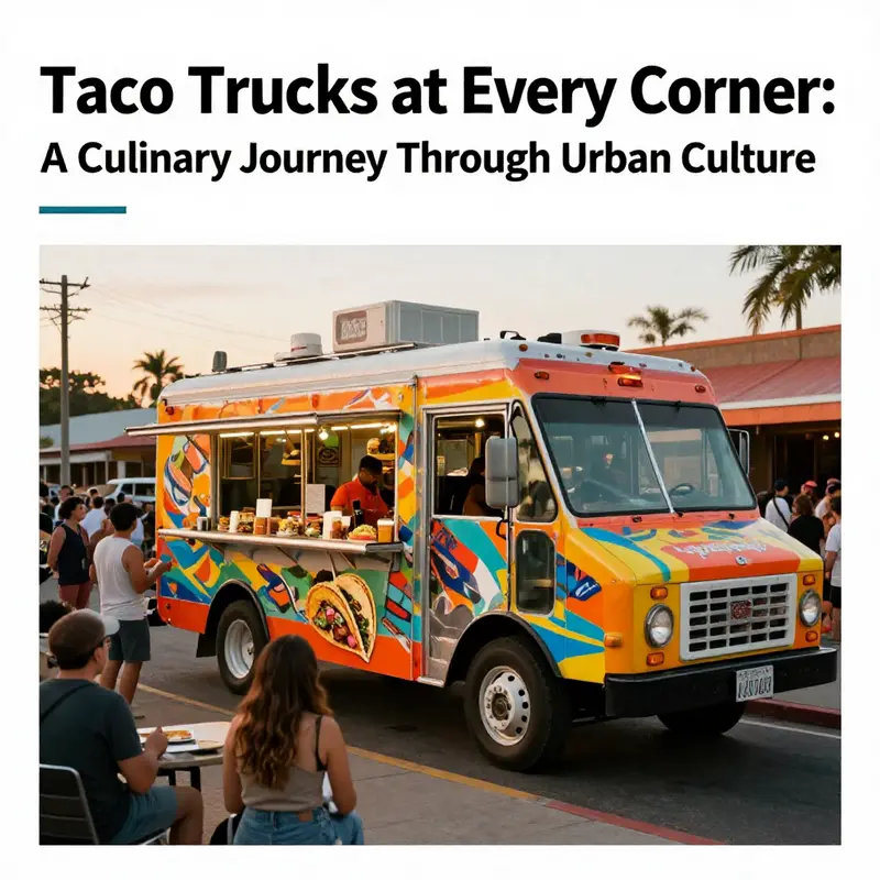 A taco truck bustling with customers at sunset, encapsulating urban culture and community connection.