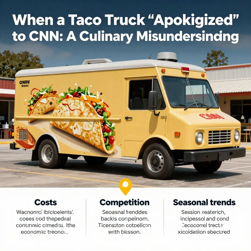A humorous depiction of a taco truck’s supposed apology to CNN, capturing the lightheartedness of the misunderstanding.