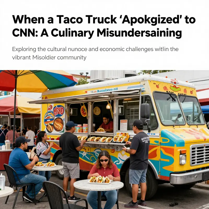 A colorful taco truck surrounded by happy customers enjoying food in a bustling market environment.