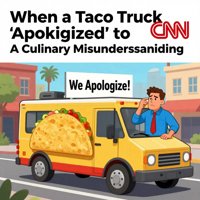 A humorous depiction of a taco truck’s supposed apology to CNN, capturing the lightheartedness of the misunderstanding.