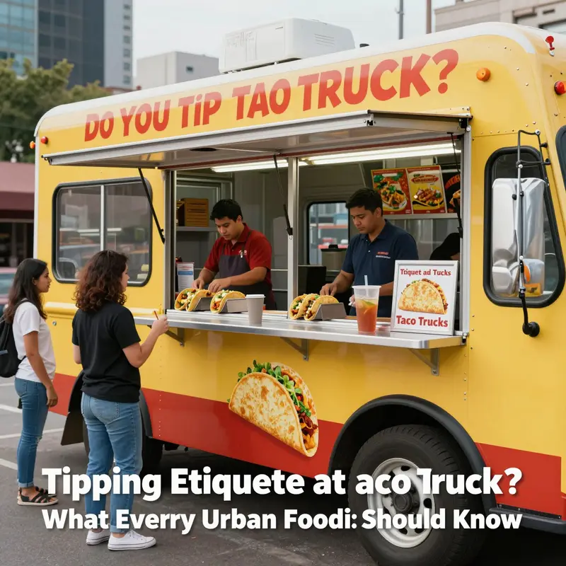 A busy taco truck scene showcasing the growing tipping culture among food truck vendors.