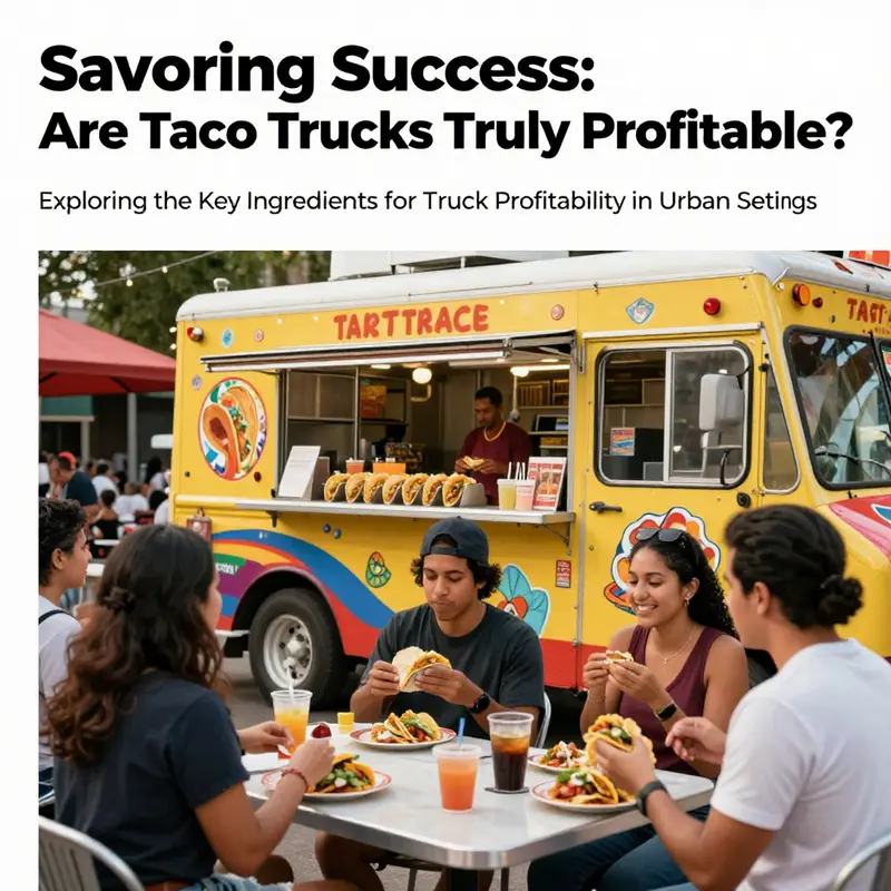 A vibrant taco truck in an urban setting, surrounded by happy customers enjoying their meals.